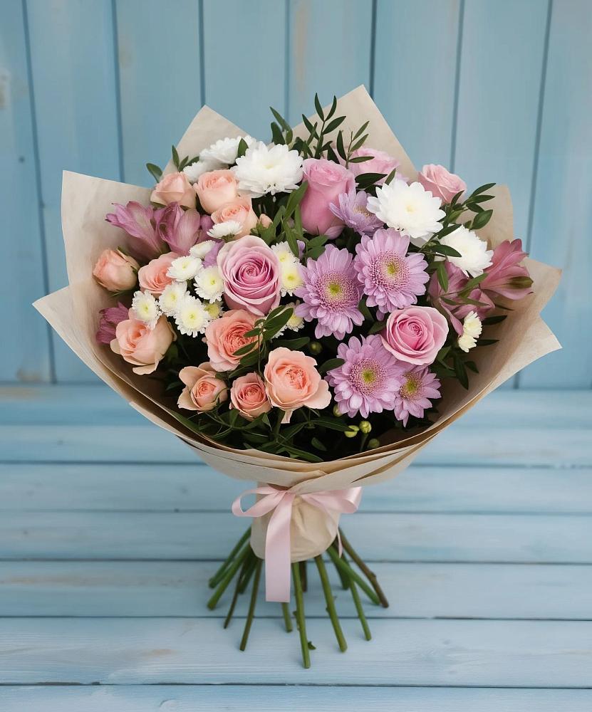 Букет цветов из: Хризантемы, Розы и Альстромерии в Парабели