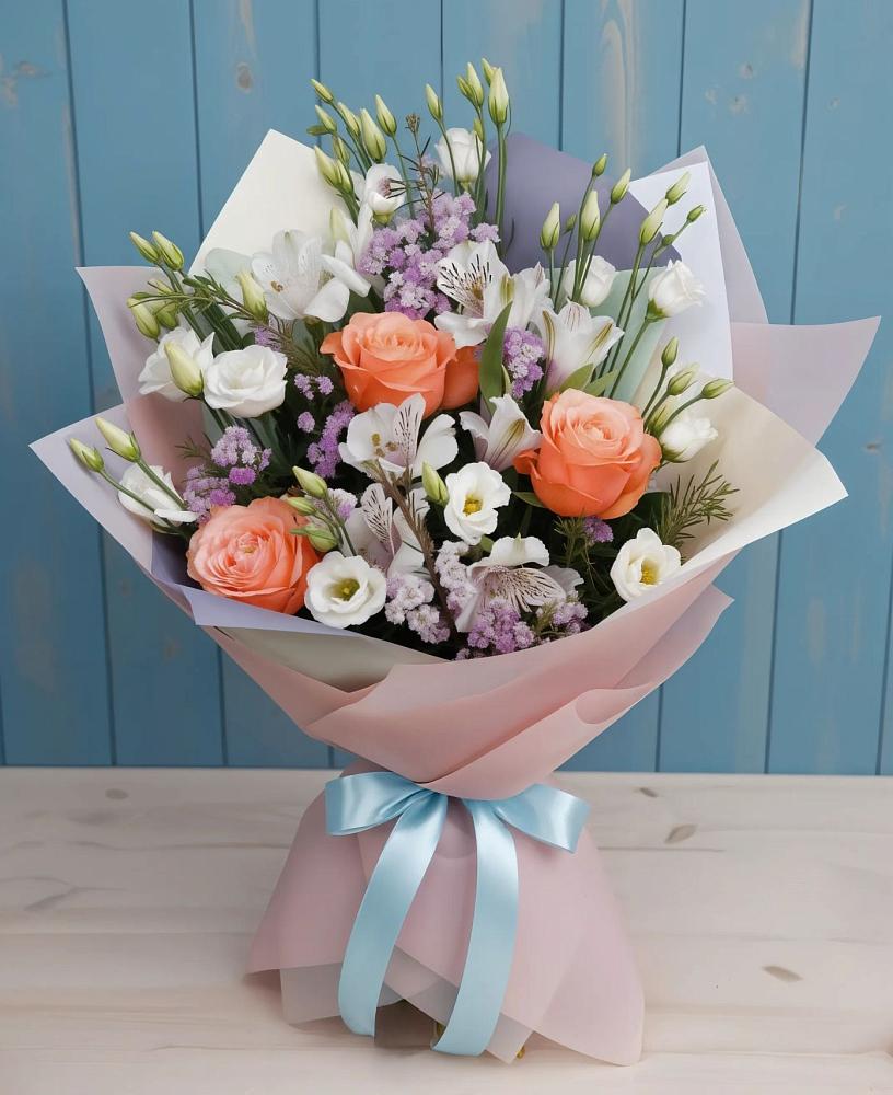 Букет цветов из: Лизиантусы, Розы, Альстромерии и Гипсофила в Парабели