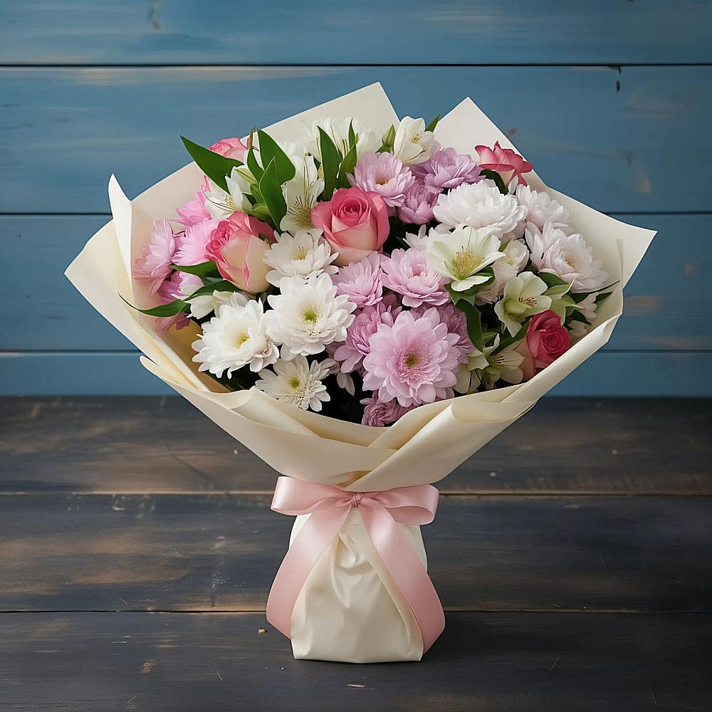 Букет цветов из: Хризантемы, Альстромерии и Розы в Парабели